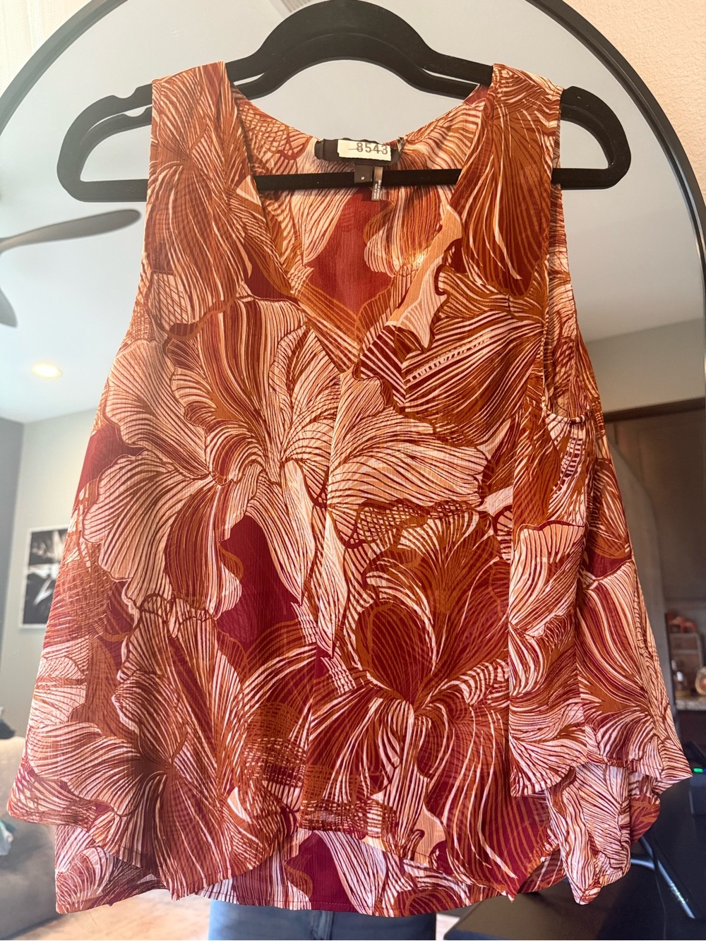 DKNY Sleeveless Floral V-Neck Overlay Flowy Tank Top - Rust Pink